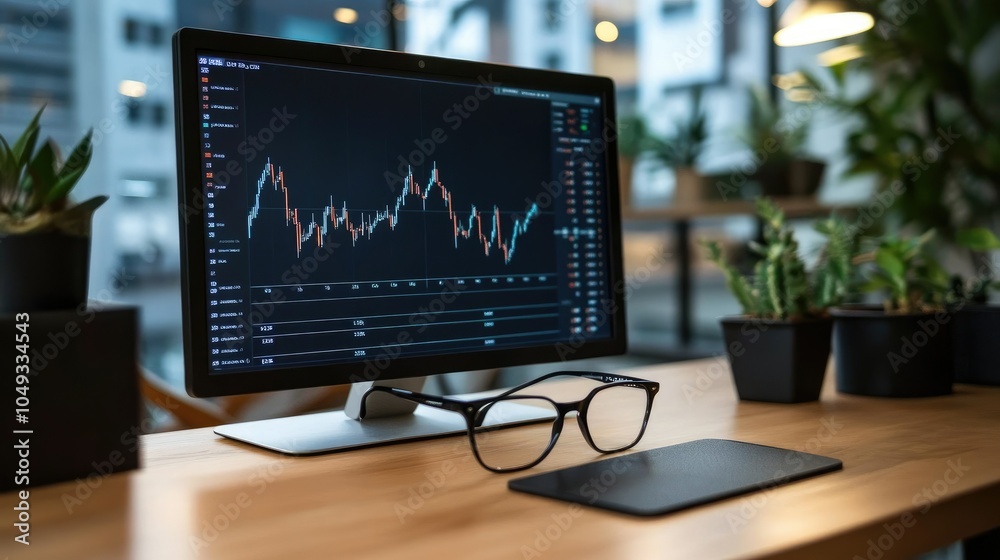 Poster financial charts and graphs on computer screen with glasses placed on a stylish office desk