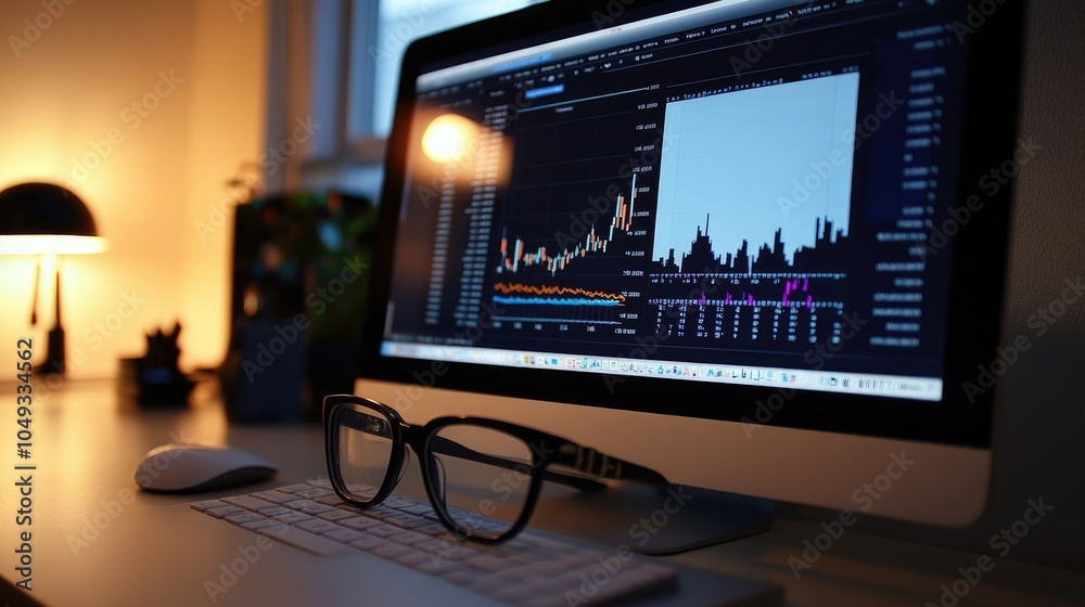 Poster financial charts and graphs on computer screen with glasses placed on a stylish office desk