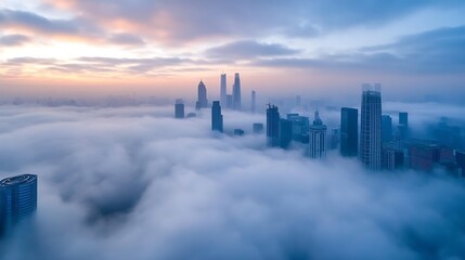 Fototapeta premium Majestic Urban Skyline Shrouded in Morning Mist with Glowing Sunset and Rising Towers : Generative AI