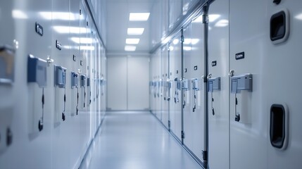 Clean and Efficient Storage Hallway with White Cabinets and Modern Lighting : Generative AI
