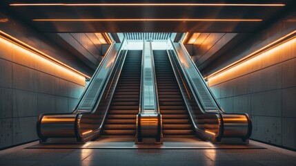A Pair of Escalators in a Modern Underground Setting with Orange Lighting