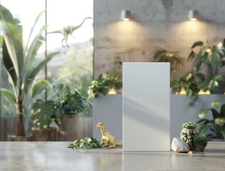 Modern Indoor Scene with Dinosaur Figurines and Blank Card for Contemporary Design : Generative AI