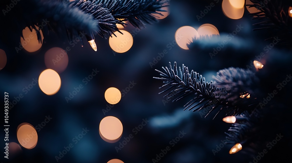 Poster Festive Holiday Pine Tree Branches with Soft Bokeh Lighting Create a Cozy and Warm Christmas Atmosphere : Generative AI