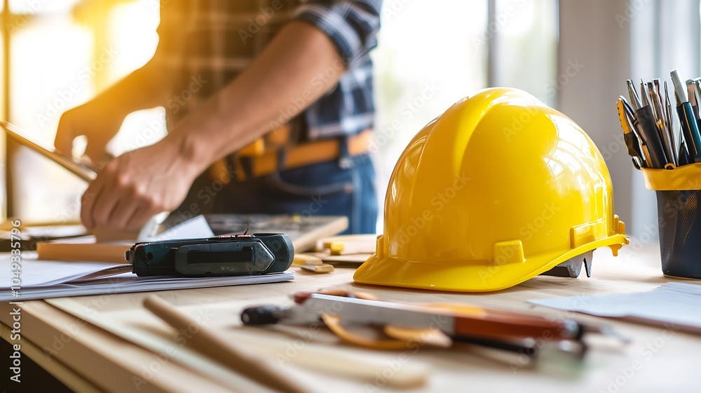 Poster Architect at Work with Yellow Hard Hat and Toolkit in Modern Office : Generative AI