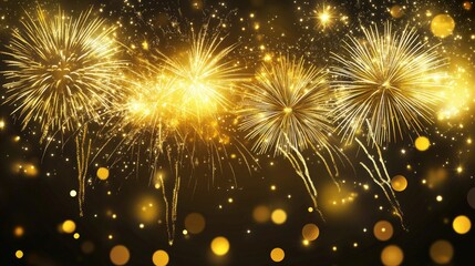 Fototapeta premium Stylish Happy New Year 2025 card with festive golden accents, bright fireworks, and celebratory text.