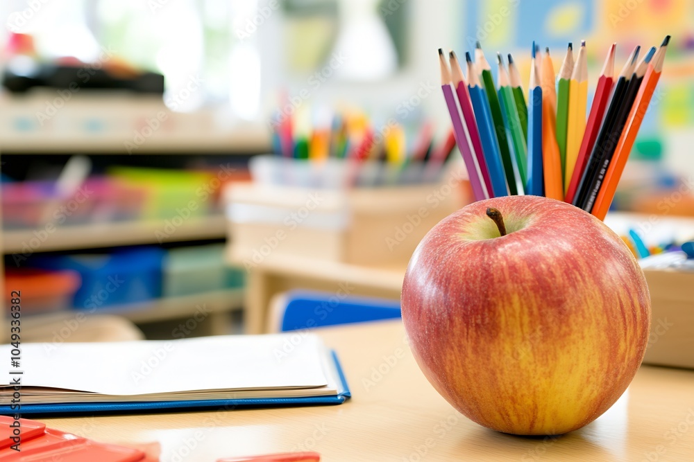 Poster red apple on classroom desk with colorful pencils in pencil holder : generative ai