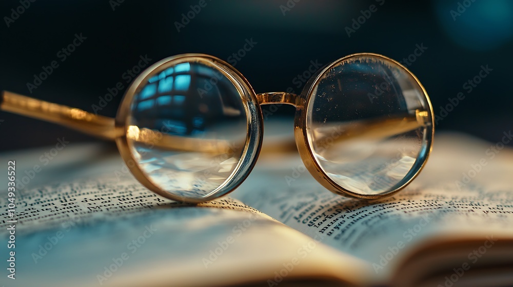 Poster Vintage Spectacles Resting on Open Book Illuminated by Warm Light : Generative AI