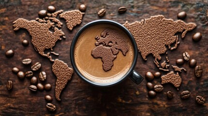 A coffee cup with a world map design on a bed of coffee beans.