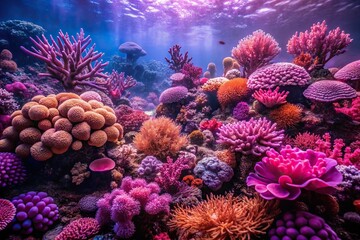 Obraz premium Coral reef teeming with marine life in shades of pink and purple, coral diversity, coral polyps, tropical reef, ocean ecosystem