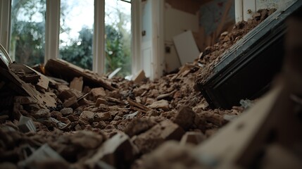 Collapsed Rubble Inside Abandoned House With Debris and Sunlight Through Windows : Generative AI