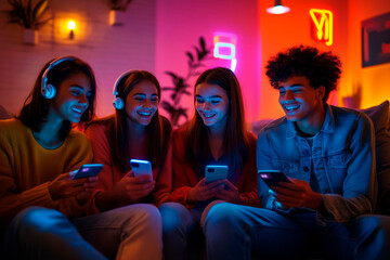 Group of friends in a room lit with colorful neon lights using smartphones and headphones.
