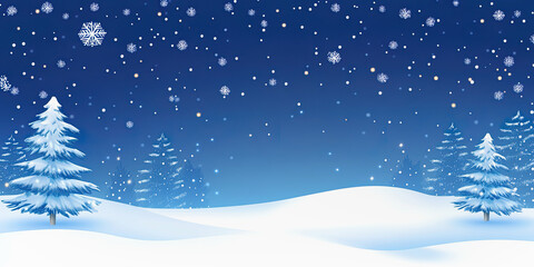 Snowy Winter abstract sale banner. Landscape with Snowflakes and Pine Trees at Night
