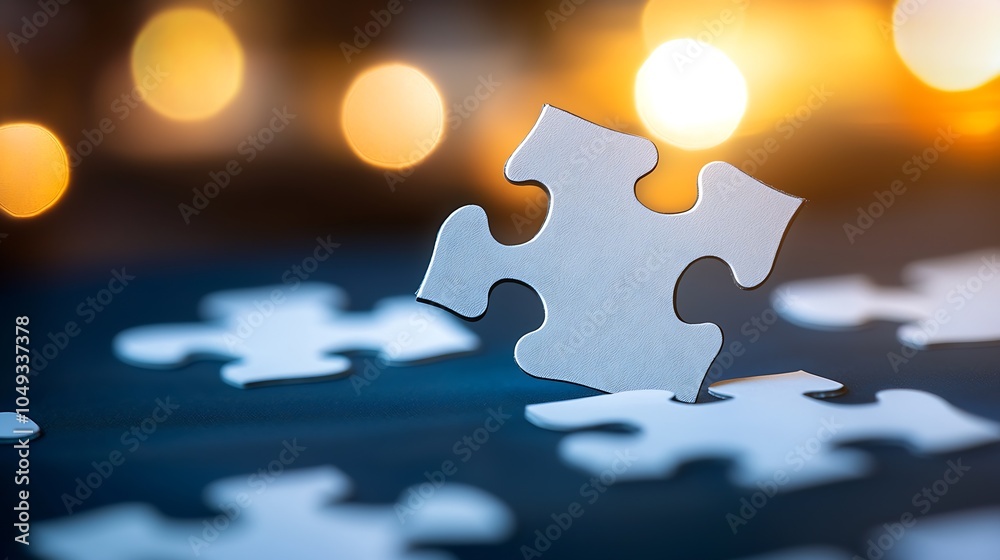 Poster Single White Puzzle Piece Standing Upright Among Dimly Lit Pieces Signifying Problem Solving : Generative AI