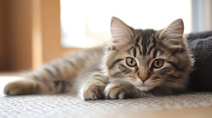 Fluffy kitten with soft fur playfully lounging on carpet in cozy home setting : Generative AI