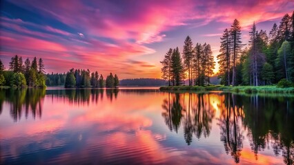 Fototapeta premium Pink sunset over a serene lake with tall trees in the background, calm, serene, water, scenery