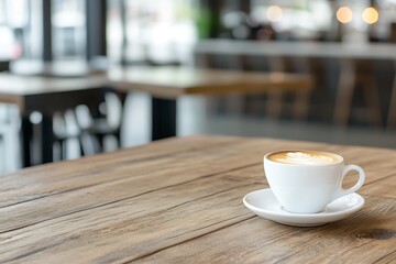 Fototapeta premium Cup of Latte Coffee on Rustic Wooden Table in Cozy Cafe Setting : Generative AI