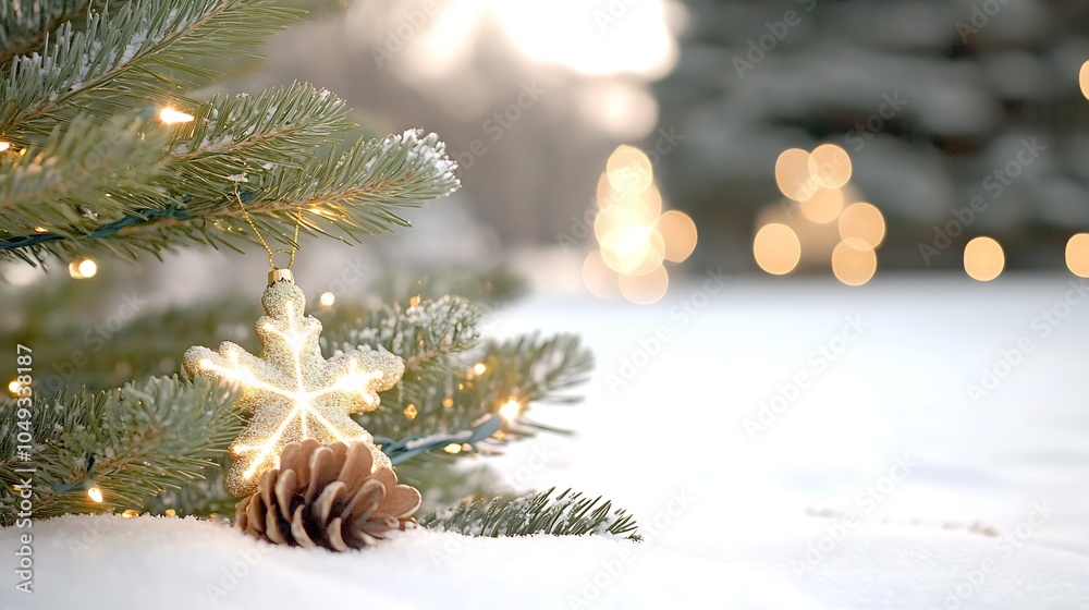 Aufkleber Elegant Christmas Ornament and Pine Cone on Snowy Tree Branch with Golden Bokeh Lights in the Background : Generative AI