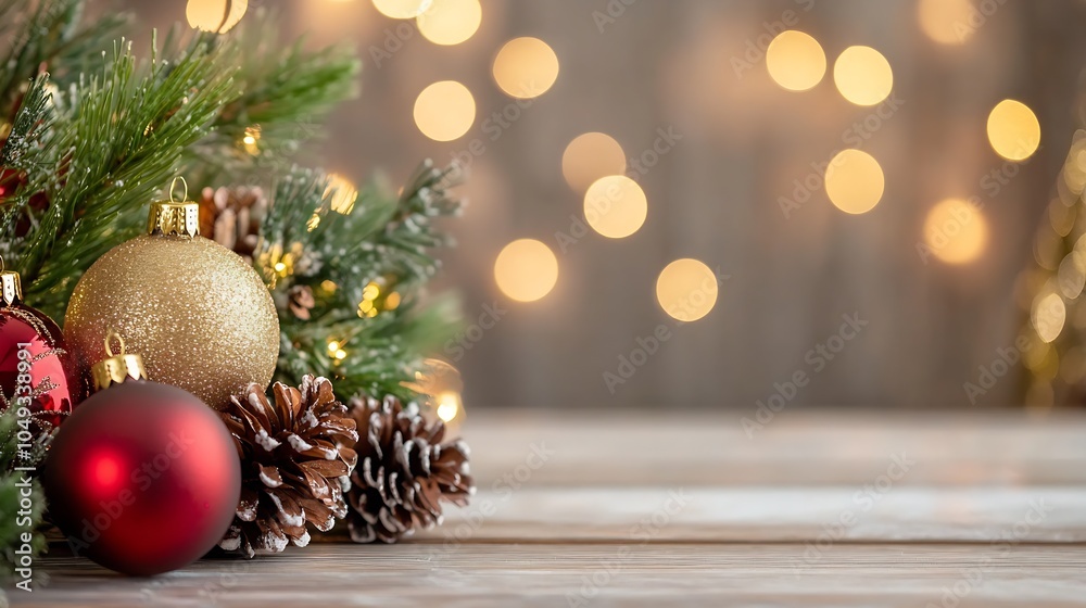 Aufkleber elegant christmas arrangement with gold and red baubles snowy pine branches and bokeh glow : generat