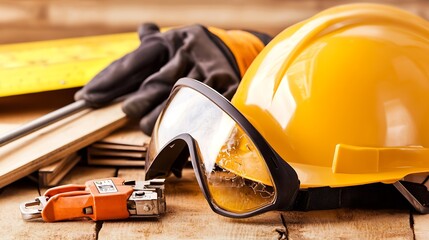 Fototapeta premium Collection of Construction Tools and Yellow Safety Gear on Wooden Surface : Generative AI