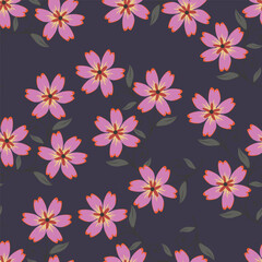 Seamless floral pattern, liberty ditsy fabric, textile print in country, folk motif. Simple botanical design of small hand drawn flowers, tiny leaves, random bouquets on a blue. Vector illustration.