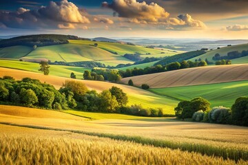 Rolling hills of golden wheat and green forests in the countryside, rural, countryside, wheat, landscape