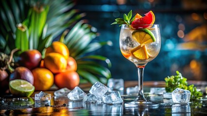 Elegant glass filled with a crystal clear cocktail drink, garnished with a colorful tropical fruit slice and floating on ice in a luxurious interior setting, bar, drinks, glassware, fruit