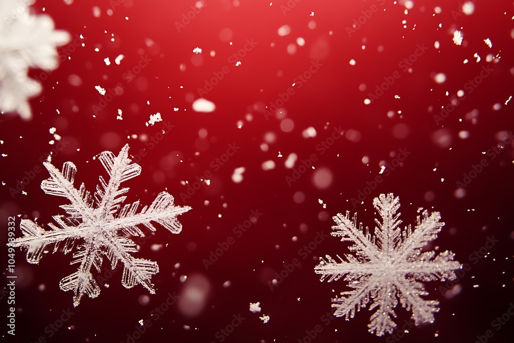 Poster crystal snowflakes on bright red winter wonderland background with falling snow : generative ai