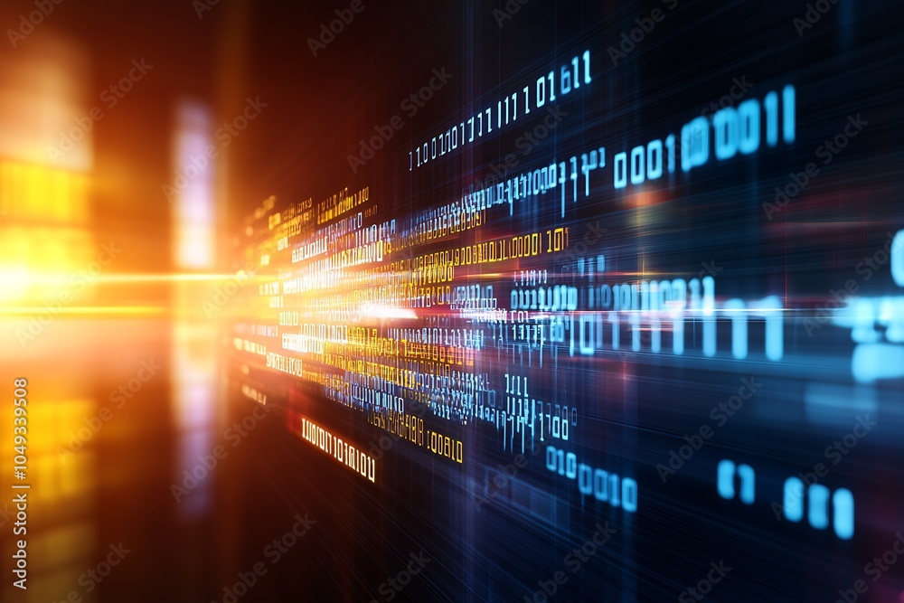 Fototapete Futuristic digital abstract background with flowing binary code and light beams : Generative AI