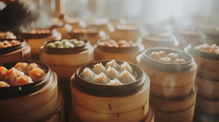 Bright Dim Sum Varieties in Busy Restaurant Setting