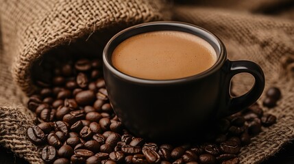 Fototapeta premium Black Cup of Freshly Brewed Coffee Amidst Rustic Surroundings of Coffee Beans and Burlap Sacks : Generative AI