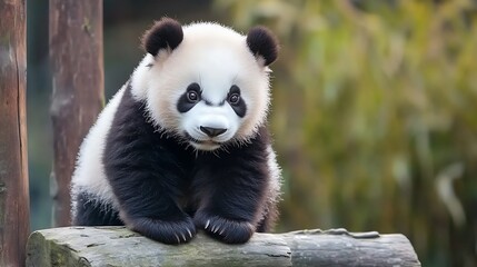 Obraz premium Adorable Baby Panda Sitting on Log in Natural Habitat with Lush Greenery : Generative AI