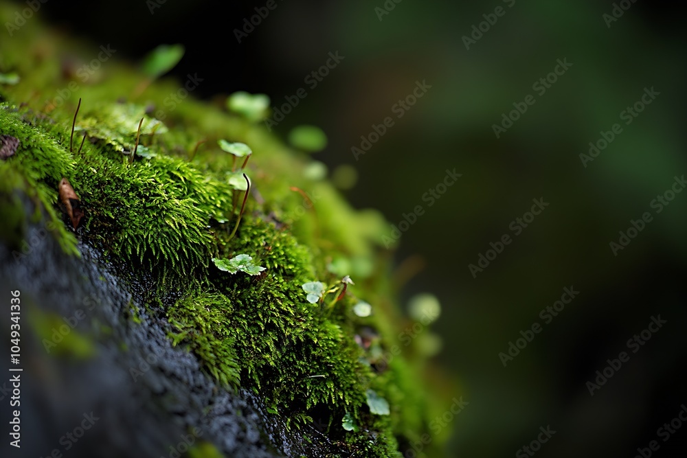 Poster vibrant closeup of moss covered rock in lush forest environment with blurred background : generative
