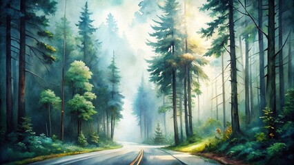 Fototapeta premium foggy forest road watercolour scene print