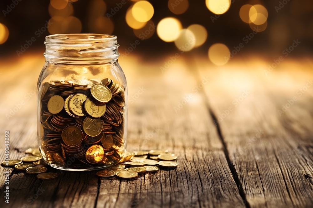 Aufkleber Jar of Gold Coins on Rustic Wooden Table Illuminated by Warm Light : Generative AI