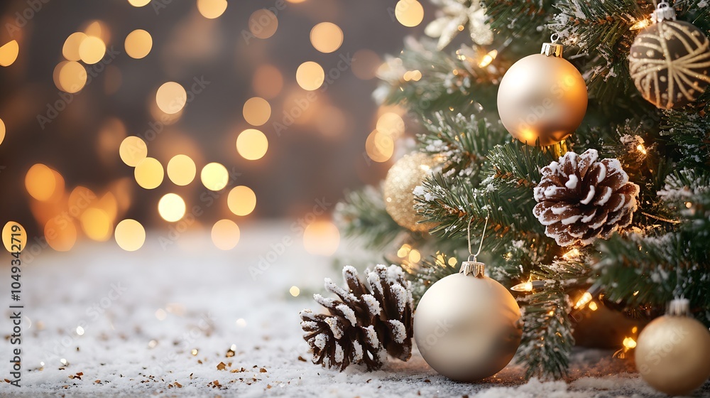 Poster snow dusted christmas tree with golden baubles and twinkling lights : generative ai
