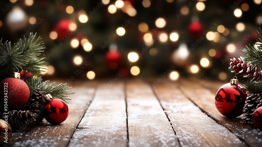 Aufkleber Rustic Christmas Decoration with Red Baubles and Winter Greenery on Wooden Table with Warm Lights : Generative AI
