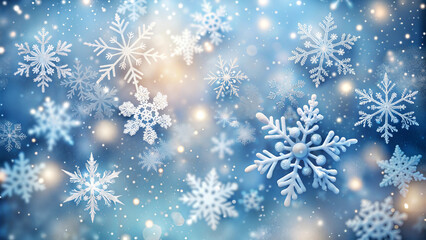 Snowflakes in winter scenery, festive mood, blurred background, cool blue tones, copy space