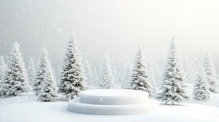 Fototapeta premium Winter Wonderland Scene with Snowy Pine Trees and Empty Podium for Holiday Display : Generative AI