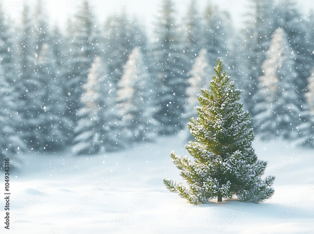 Poster solitary snow dusted evergreen tree in winter forest with gentle snowfall : generative ai