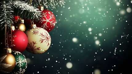 Naklejka premium Vibrant Christmas Baubles with Snowflakes Hanging on Festive Green Pines : Generative AI