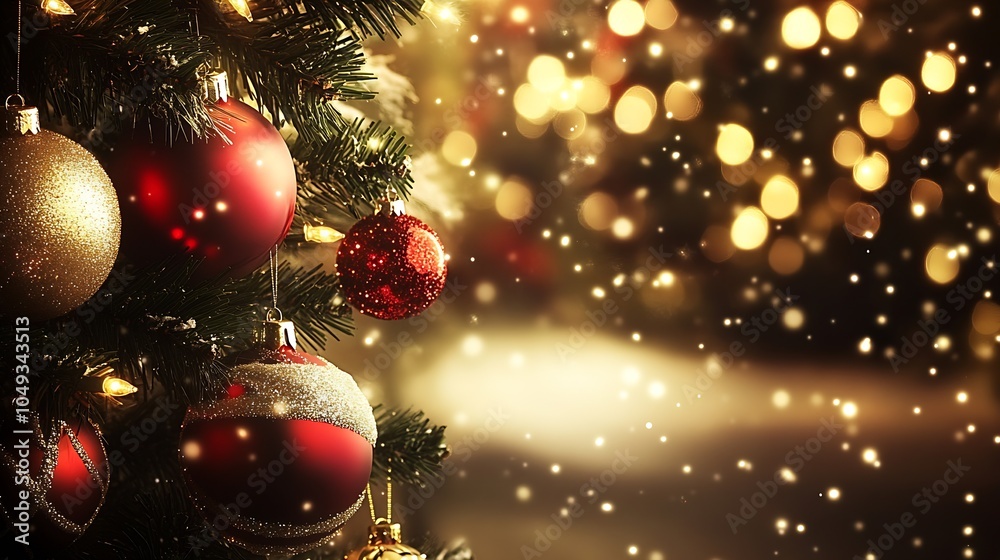 Aufkleber illuminated christmas tree with red and gold baubles and soft light background : generative ai