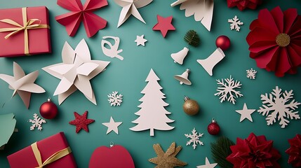 Creative Christmas Decorations with Paper Cut Tree Ornaments on Green Backdrop : Generative AI