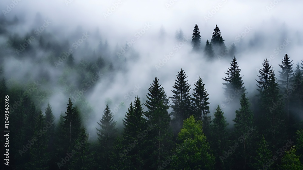 Poster dense pine forest enshrouded in thick mystical fog at dawn : generative ai