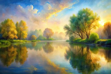 Obraz premium impressionist painting with soft brush strokes capturing light reflection and serene atmosphere