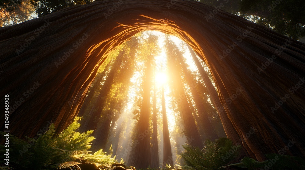 Poster sunlight streaming through majestic redwood trees in idyllic forest archway : generative ai