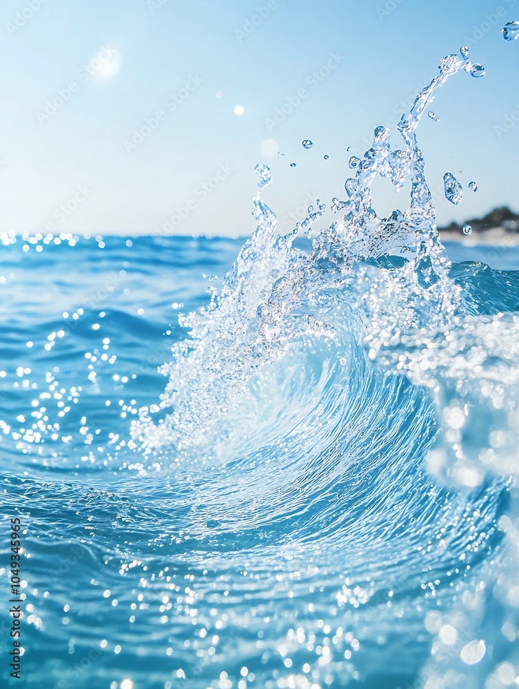 Poster sparkling ocean wave captured in motion under a clear blue sky at the beach perfect for summer trave