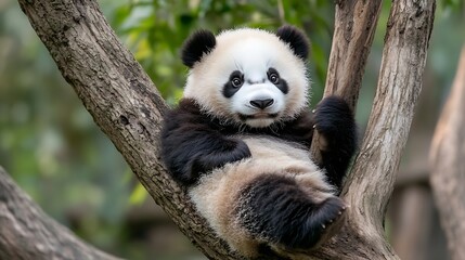 Playful Young Panda Relaxing Amongst the Trees in a Lush Forest Setting : Generative AI