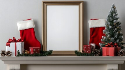 Fototapeta premium Traditional Holiday Mantel Decor with Stockings and Christmas Tree for Festive Home Settings : Generative AI
