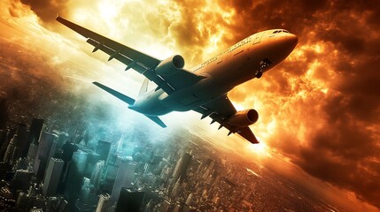 Obraz premium Dramatic Airplane Over Cityscape Sky with Fiery Sunset Clouds and Urban Horizon : Generative AI