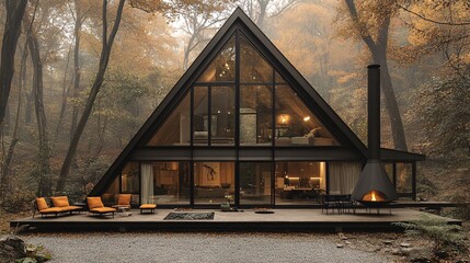 Fototapeta premium Modern Black Metal Cabin in Autumn Forest